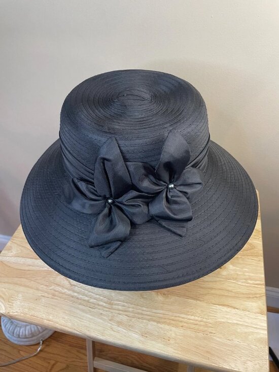Giovannio NY Black Wide Brim Satin Dress Hat Floral Beaded Church Derby main image 7